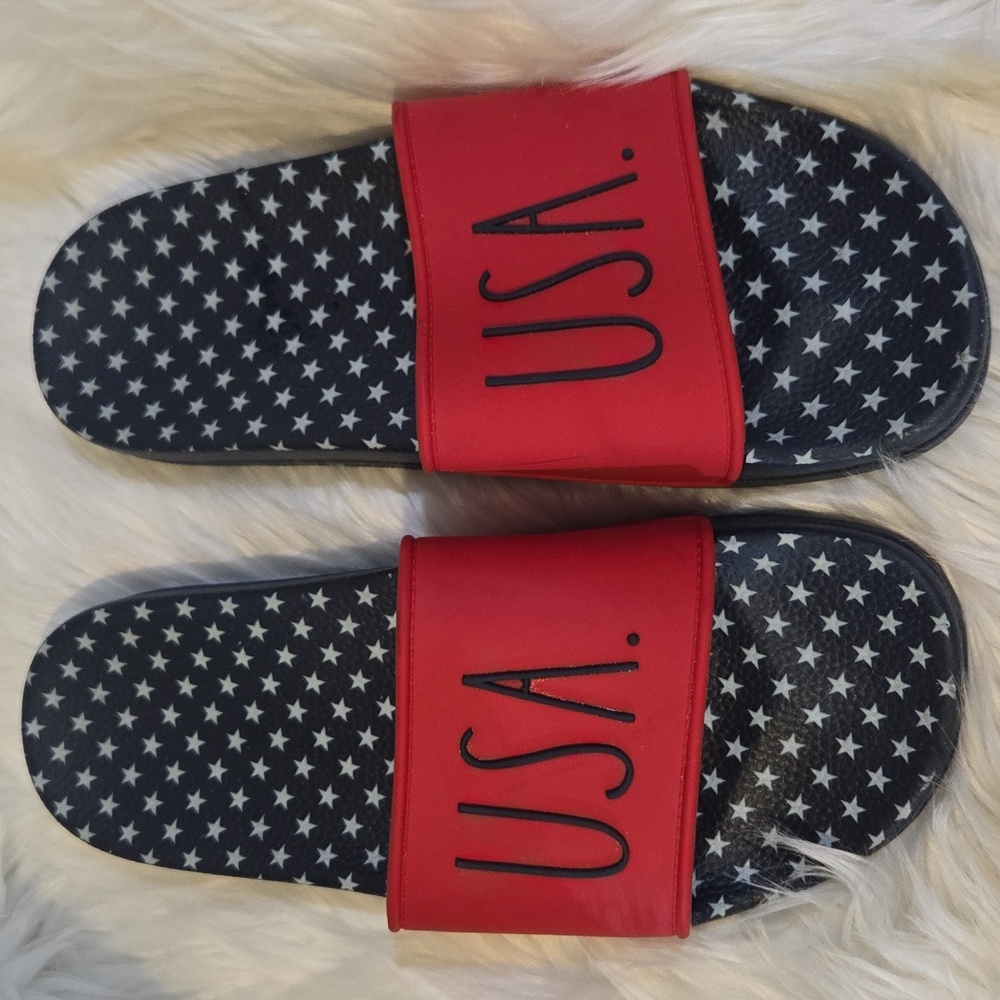 Rae Dunn Slides USA Ladies Size 9 Red White Blue Stars Sandals